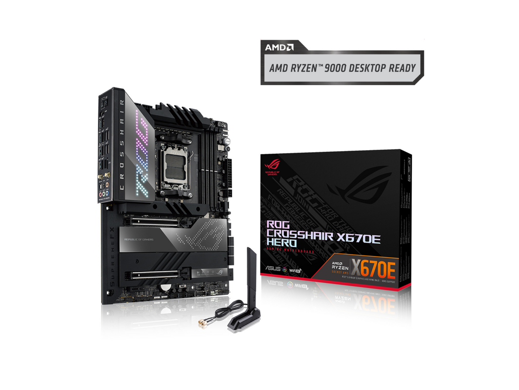 ASUS ROG Crosshair X670E Hero AMD X670 AM5 Ryzen Desktop 9000 8000 & 7000 ATX motherboard, 18 + 2 power stages, PCIe 5.0, DDR5, 5x M.2 slots, USB 3.2 Gen 2x2 with Quick Charge 4+, USB4, Wi-Fi 6E