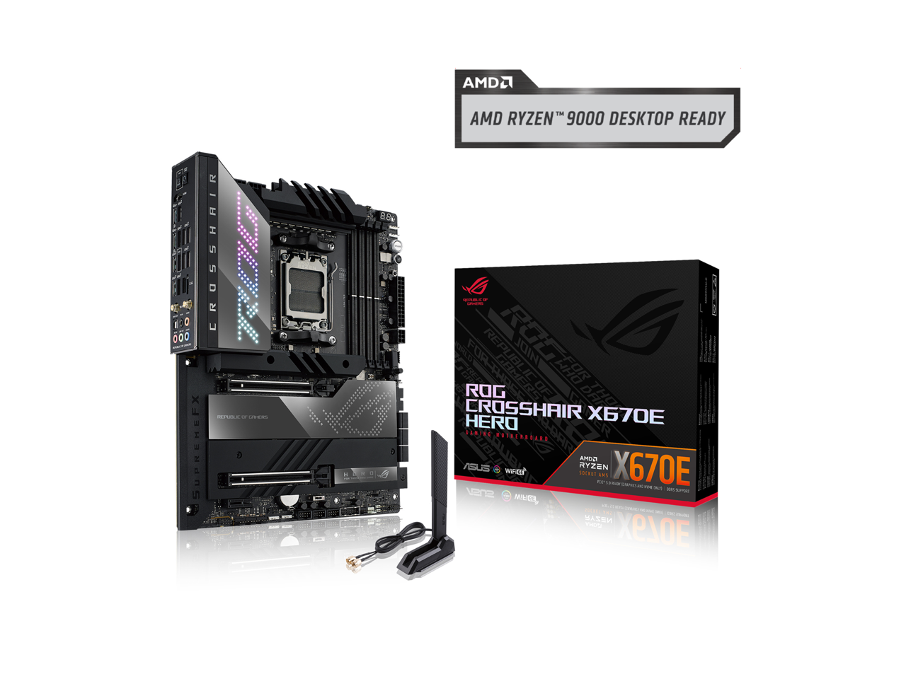 ASUS ROG Crosshair X670E Hero AMD X670 AM5 Ryzen Desktop 9000 8000 & 7000 ATX motherboard, 18 + 2 power stages, PCIe 5.0, DDR5, 5x M.2 slots, USB 3.2 Gen 2x2 with Quick Charge 4+, USB4, Wi-Fi 6E
