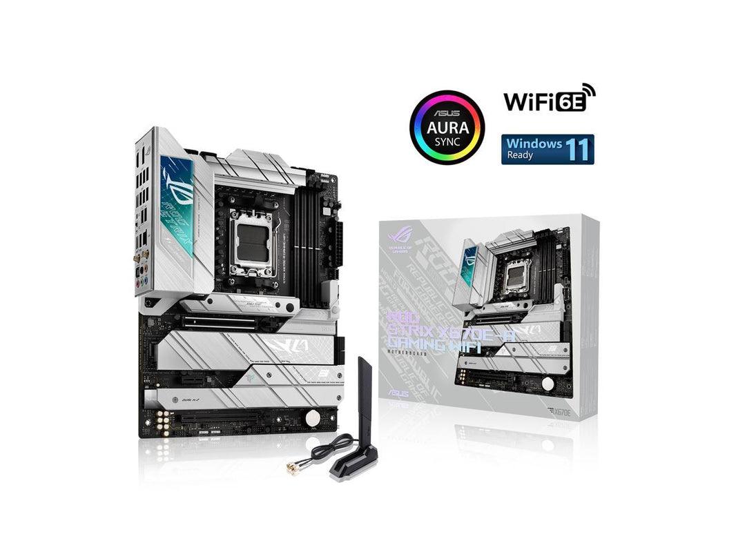 ASUS ROG STRIX X670E-A GAMING WIFI AMD X670 AM5 Ryzen Desktop 9000 8000 & 7000 ATX motherboard, 16+2 power stages, PCIe 5.0, DDR5, 4x M.2 slots with heatsink, USB 3.2 Gen 2x2, WiFi 6E, AI Cooling II