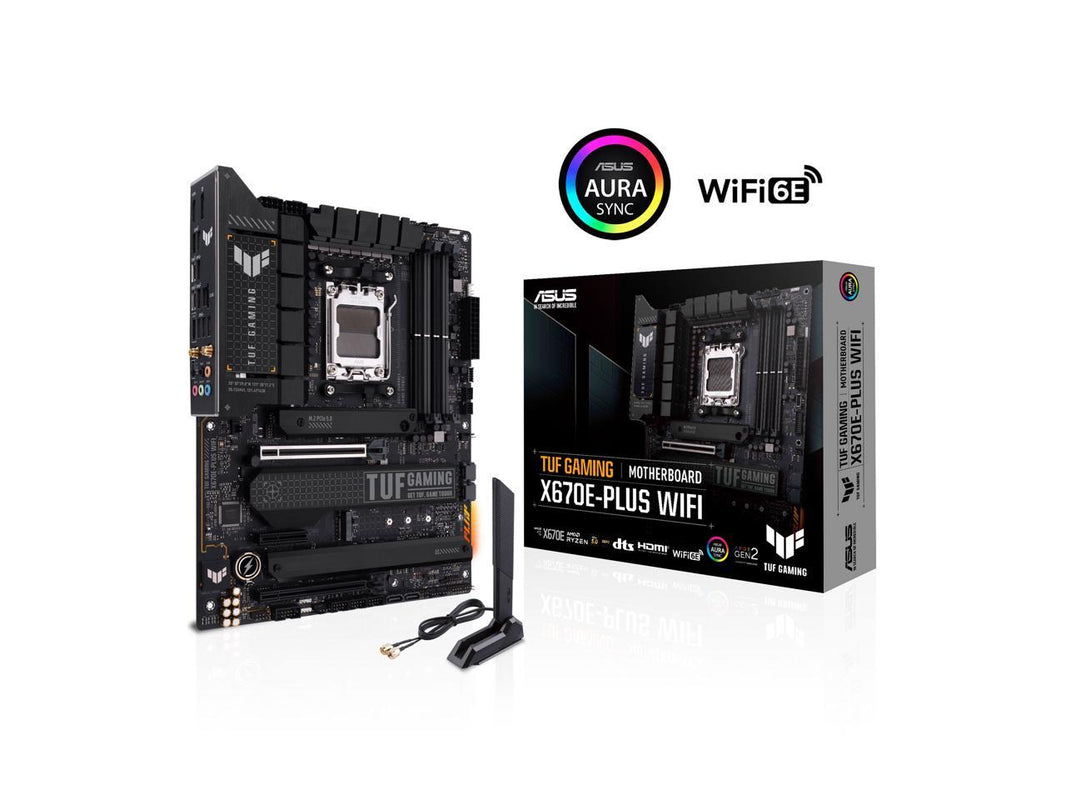 ASUS TUF GAMING X670E-PLUS WIFI AMD X670 AM5 Ryzen Desktop 9000 8000 & 7000 ATX motherboard 14+2 Power Stages, PCIe 5.0, DDR5, 4x M.2 slots, USB 3.2 Gen 2x2 Type-C, USB4 support, WiFi 6E, 2.5Gb