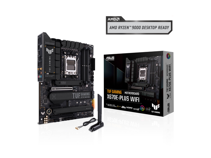 ASUS TUF GAMING X670E-PLUS WIFI AMD X670 AM5 Ryzen Desktop 9000 8000 & 7000 ATX motherboard 14+2 Power Stages, PCIe 5.0, DDR5, 4x M.2 slots, USB 3.2 Gen 2x2 Type-C, USB4 support, WiFi 6E, 2.5Gb