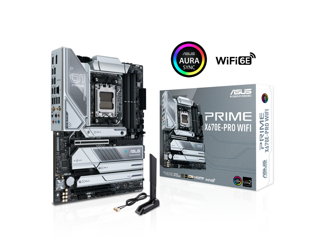 ASUS Prime X670E-PRO WIFI 6E Socket AM5 (LGA 1718) Ryzen 7000 ATX Motherboard (PCIe 5.0, DDR5, 14+2 Teamed Power Stages, 4x M.2 slots, USB 3.2 Gen 2x2 Type-C, USB4 Support, WIFI 6E, and 2.5G Ethernet)