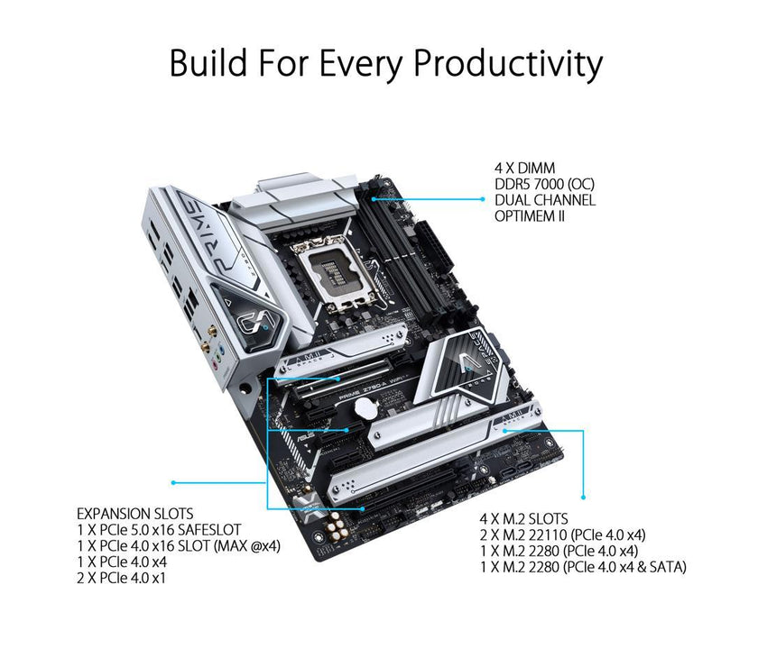 ASUS Prime Z790-A WiFi 6E LGA 1700(Intel®14th &13th&12th Gen) ATX motherboard (16+1 DrMOS,PCIe 5.0,DDR5,4x M.2 slots,Intel® 2.5 Gb LAN,USB 3.2 Gen 2 front panel Type-C,Thunderbolt™ 4(USB4),DP,Aura Sync RGB lighting)