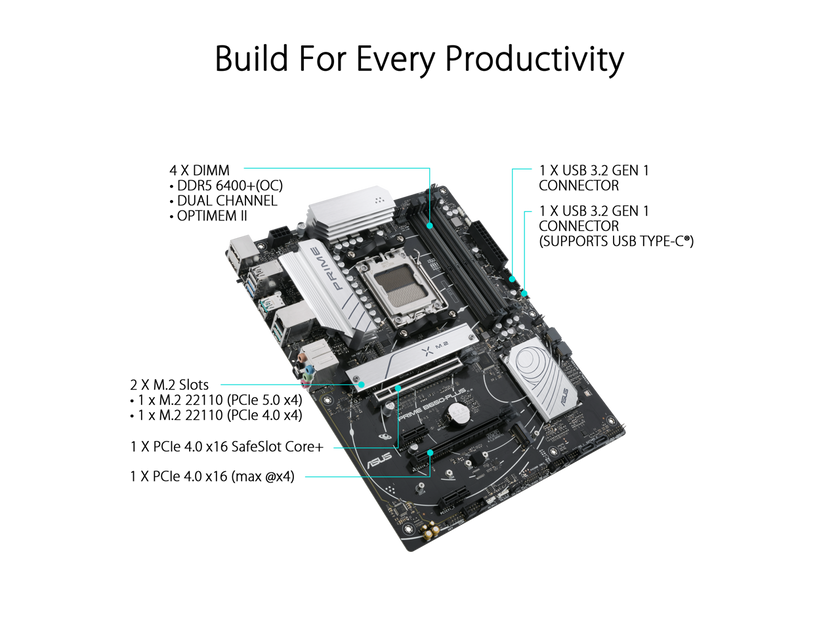 ASUS Prime B650-PLUS AMD B650(Ryzen 7000) ATX motherboard(DDR5, PCIe 5.0 M.2 support, 2.5Gb Ethernet, DisplayPort, HDMI, USB 3.2 Gen 2 Type-C, front USB 3.2 Gen 1 Type-C, BIOS FlashBack, USB4 support and Arua Sync)