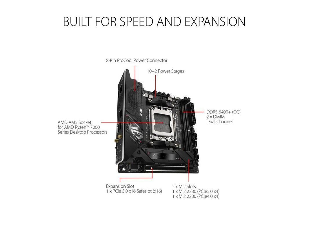 ASUS ROG Strix B650E-I Gaming WiFi AMD B650 AM5 Ryzen™ Desktop 9000 8000 & 7000 mini-ITX mITX motherboard, 10+2  power stages, DDR5, 2x M.2 slot, PCIe® 5.0, 2.5G LAN, WiFi 6E, USB 3.2 Gen 2x2 Type-C