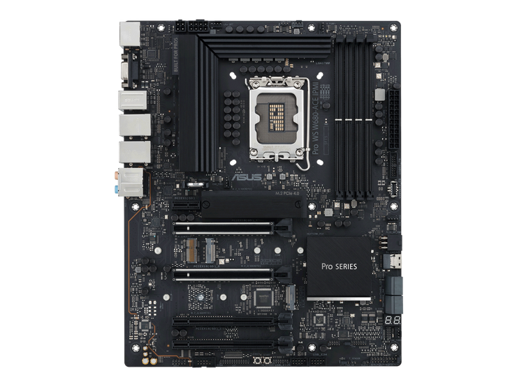 ASUS Pro WS W680-ACE IPMI Intel W680 LGA 1700 ATX workstation motherboard, dual PCIe 5.0x16 slot, DDR5, ECC memory and XMP support, dual Intel 2.5 Gb Lan, 3xPCIe 4.0 M.2 slots, USB 3.2 Gen 2x2 front panel connector, SlimSAS.