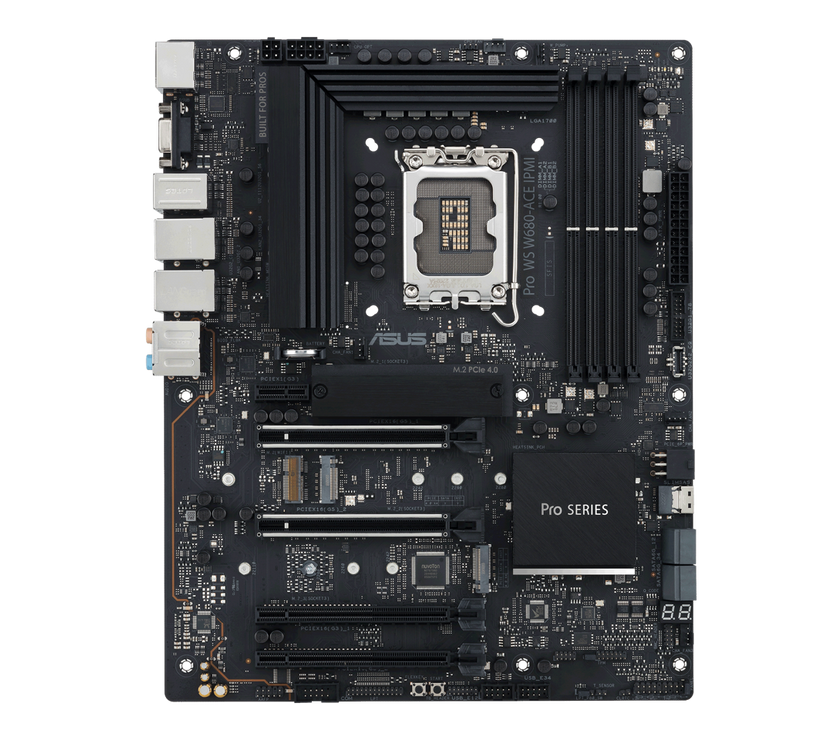 ASUS Pro WS W680-ACE IPMI Intel W680 LGA 1700 ATX workstation motherboard, dual PCIe 5.0x16 slot, DDR5, ECC memory and XMP support, dual Intel 2.5 Gb Lan, 3xPCIe 4.0 M.2 slots, USB 3.2 Gen 2x2 front panel connector, SlimSAS.