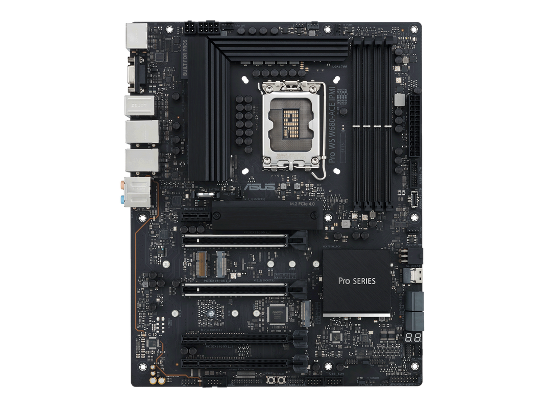 ASUS Pro WS W680-ACE IPMI Intel W680 LGA 1700 ATX workstation motherboard, dual PCIe 5.0x16 slot, DDR5, ECC memory and XMP support, dual Intel 2.5 Gb Lan, 3xPCIe 4.0 M.2 slots, USB 3.2 Gen 2x2 front panel connector, SlimSAS.