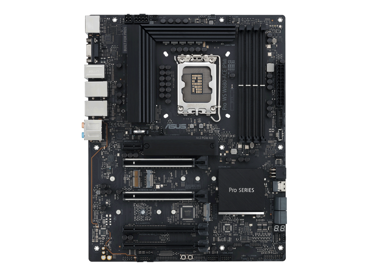 ASUS Pro WS W680-ACE IPMI Intel W680 LGA 1700 ATX workstation motherboard, dual PCIe 5.0x16 slot, DDR5, ECC memory and XMP support, dual Intel 2.5 Gb Lan, 3xPCIe 4.0 M.2 slots, USB 3.2 Gen 2x2 front panel connector, SlimSAS.