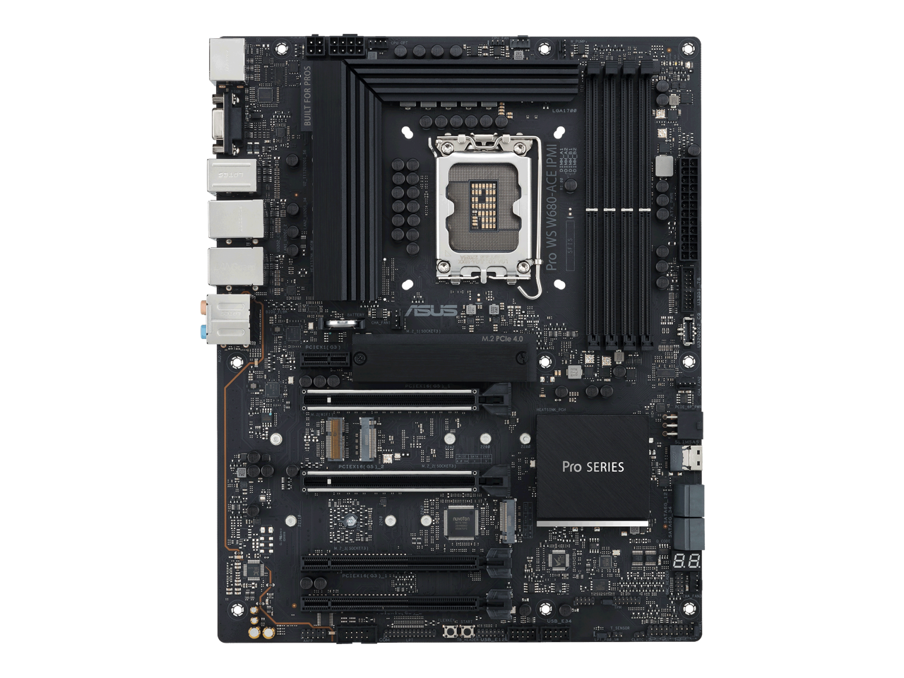 ASUS Pro WS W680-ACE IPMI Intel W680 LGA 1700 ATX workstation motherboard, dual PCIe 5.0x16 slot, DDR5, ECC memory and XMP support, dual Intel 2.5 Gb Lan, 3xPCIe 4.0 M.2 slots, USB 3.2 Gen 2x2 front panel connector, SlimSAS.