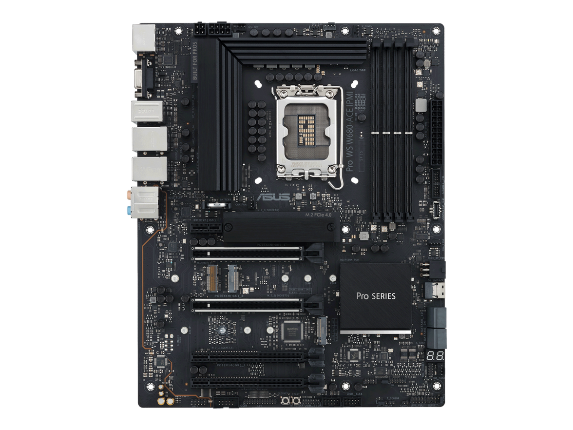 ASUS Pro WS W680-ACE IPMI Intel W680 LGA 1700 ATX workstation motherboard, dual PCIe 5.0x16 slot, DDR5, ECC memory and XMP support, dual Intel 2.5 Gb Lan, 3xPCIe 4.0 M.2 slots, USB 3.2 Gen 2x2 front panel connector, SlimSAS.