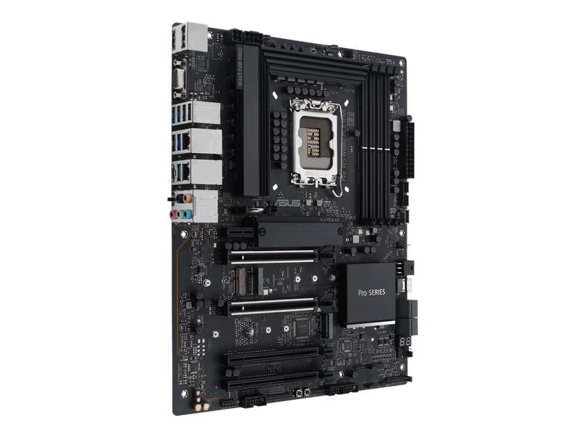 ASUS Pro WS W680-ACE IPMI Intel W680 LGA 1700 ATX workstation motherboard, dual PCIe 5.0x16 slot, DDR5, ECC memory and XMP support, dual Intel 2.5 Gb Lan, 3xPCIe 4.0 M.2 slots, USB 3.2 Gen 2x2 front panel connector, SlimSAS.