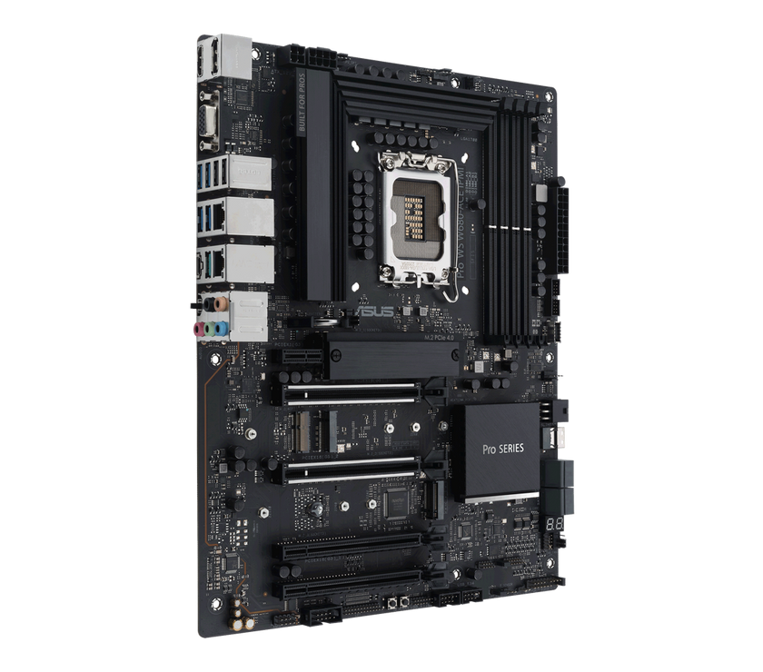 ASUS Pro WS W680-ACE IPMI Intel W680 LGA 1700 ATX workstation motherboard, dual PCIe 5.0x16 slot, DDR5, ECC memory and XMP support, dual Intel 2.5 Gb Lan, 3xPCIe 4.0 M.2 slots, USB 3.2 Gen 2x2 front panel connector, SlimSAS.