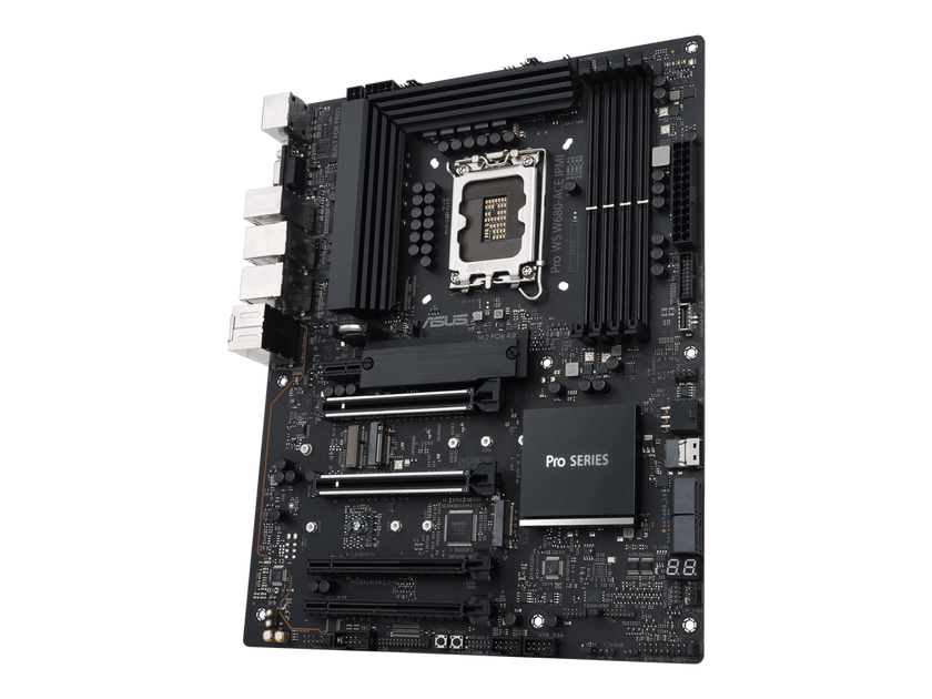 ASUS Pro WS W680-ACE IPMI Intel W680 LGA 1700 ATX workstation motherboard, dual PCIe 5.0x16 slot, DDR5, ECC memory and XMP support, dual Intel 2.5 Gb Lan, 3xPCIe 4.0 M.2 slots, USB 3.2 Gen 2x2 front panel connector, SlimSAS.