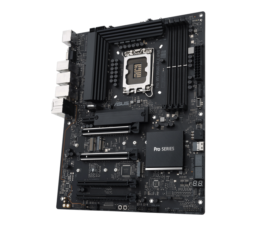 ASUS Pro WS W680-ACE IPMI Intel W680 LGA 1700 ATX workstation motherboard, dual PCIe 5.0x16 slot, DDR5, ECC memory and XMP support, dual Intel 2.5 Gb Lan, 3xPCIe 4.0 M.2 slots, USB 3.2 Gen 2x2 front panel connector, SlimSAS.