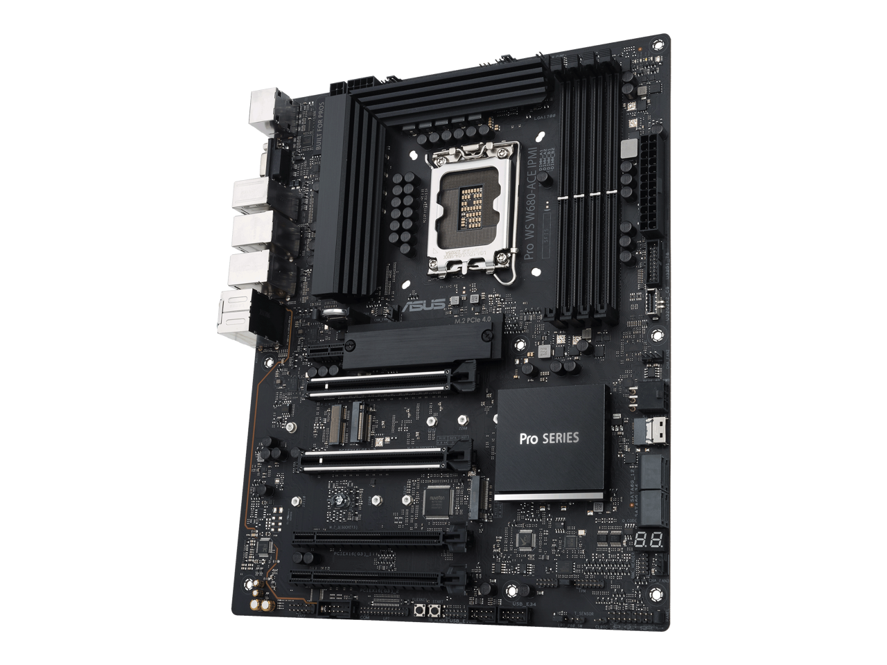 ASUS Pro WS W680-ACE IPMI Intel W680 LGA 1700 ATX workstation motherboard, dual PCIe 5.0x16 slot, DDR5, ECC memory and XMP support, dual Intel 2.5 Gb Lan, 3xPCIe 4.0 M.2 slots, USB 3.2 Gen 2x2 front panel connector, SlimSAS.