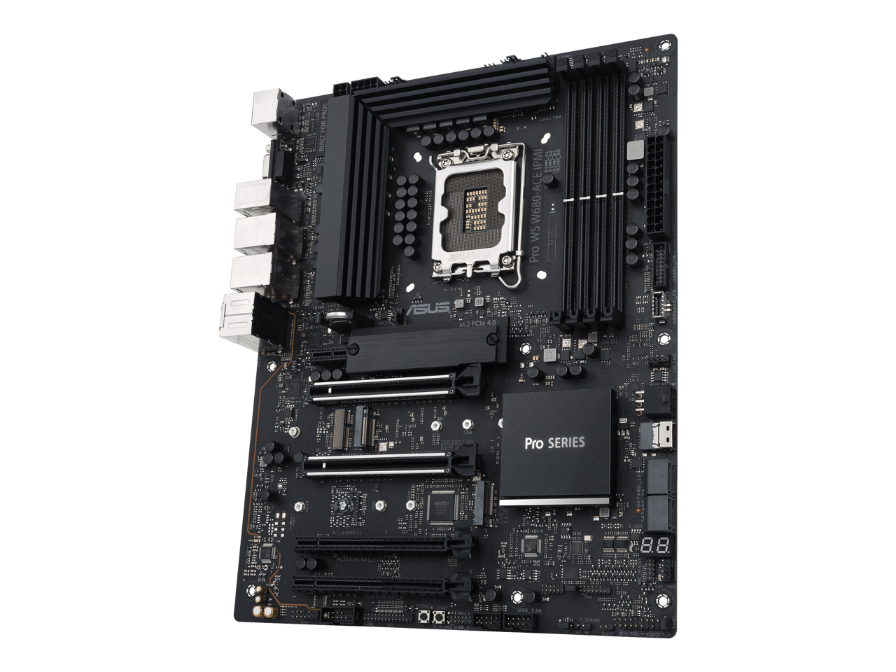 ASUS Pro WS W680-ACE IPMI Intel W680 LGA 1700 ATX workstation motherboard, dual PCIe 5.0x16 slot, DDR5, ECC memory and XMP support, dual Intel 2.5 Gb Lan, 3xPCIe 4.0 M.2 slots, USB 3.2 Gen 2x2 front panel connector, SlimSAS.