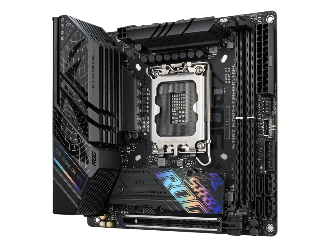 ASUS ROG Strix B760-I Gaming WiFi Intel B760(13th and 12th Gen) LGA 1700 mini-ITX motherboard, 8 + 1 power stages, DDR5 up to 7600 MT/s, PCIe 5.0, two M.2 slots, WiFi 6E, USB 3.2 Gen 2x2 Type-C, and Aura Sync RGB