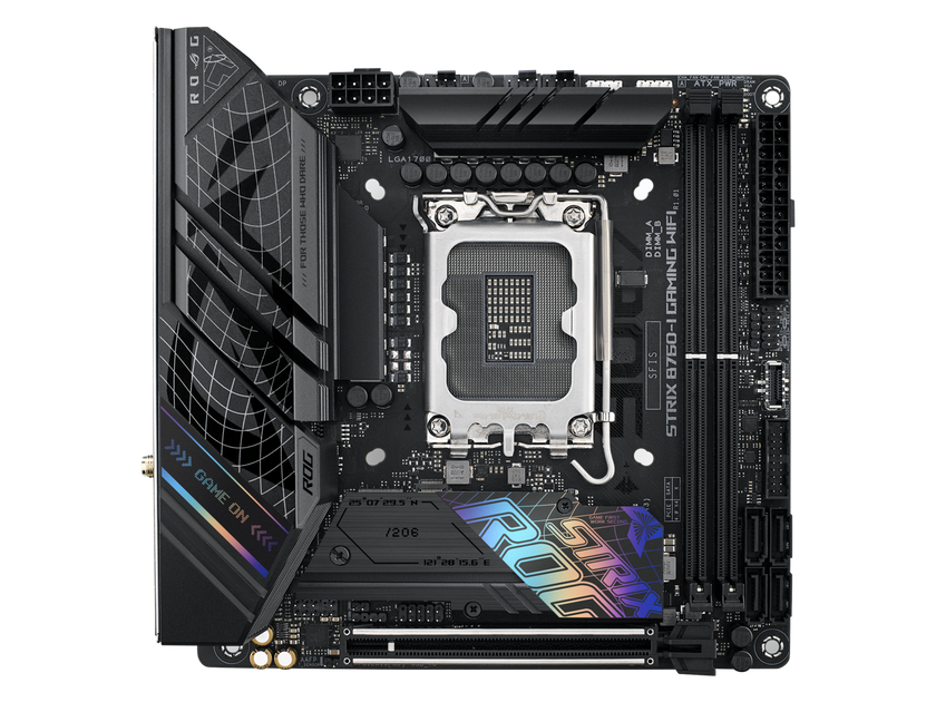 ASUS ROG Strix B760-I Gaming WiFi Intel B760(13th and 12th Gen) LGA 1700 mini-ITX motherboard, 8 + 1 power stages, DDR5 up to 7600 MT/s, PCIe 5.0, two M.2 slots, WiFi 6E, USB 3.2 Gen 2x2 Type-C, and Aura Sync RGB