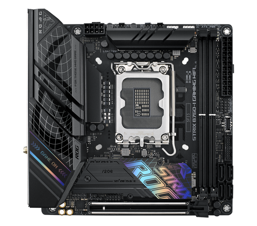 ASUS ROG Strix B760-I Gaming WiFi Intel B760(13th and 12th Gen) LGA 1700 mini-ITX motherboard, 8 + 1 power stages, DDR5 up to 7600 MT/s, PCIe 5.0, two M.2 slots, WiFi 6E, USB 3.2 Gen 2x2 Type-C, and Aura Sync RGB