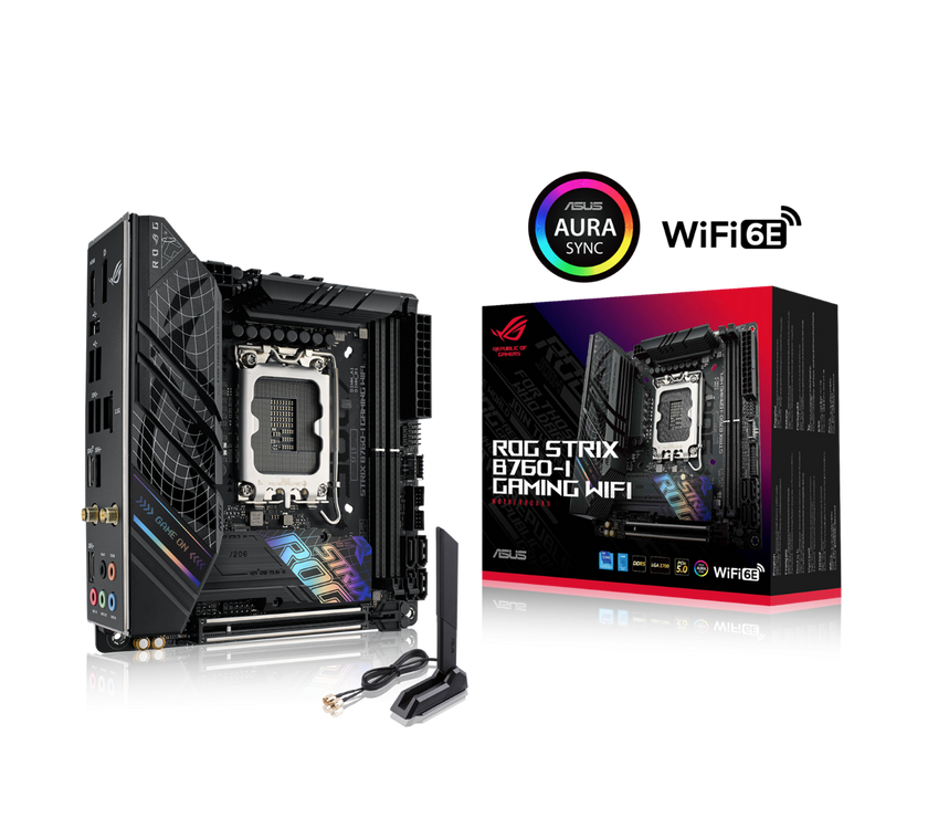 ASUS ROG Strix B760-I Gaming WiFi Intel B760(13th and 12th Gen) LGA 1700 mini-ITX motherboard, 8 + 1 power stages, DDR5 up to 7600 MT/s, PCIe 5.0, two M.2 slots, WiFi 6E, USB 3.2 Gen 2x2 Type-C, and Aura Sync RGB
