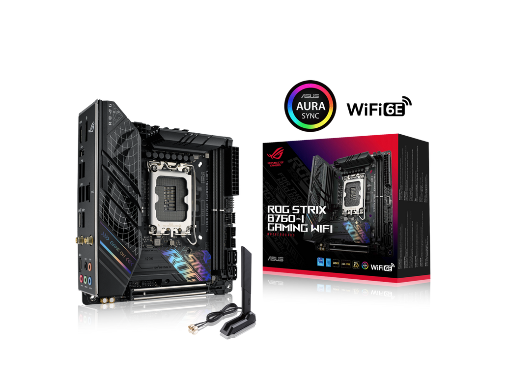 ASUS ROG Strix B760-I Gaming WiFi Intel B760(13th and 12th Gen) LGA 1700 mini-ITX motherboard, 8 + 1 power stages, DDR5 up to 7600 MT/s, PCIe 5.0, two M.2 slots, WiFi 6E, USB 3.2 Gen 2x2 Type-C, and Aura Sync RGB