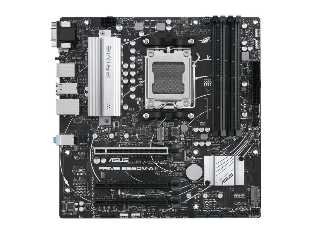 ASUS PRIME B650M-A II-CSM Micro-ATX commercial motherboard, DDR5 6400+(OC), PCIe 5.0 M.2 support, Realtek 2.5Gb Ethernet, DisplayPort, VGA, HDMI, SATA 6 Gbps, USB 3.2 Gen 2 ports, front USB 3.2 Gen 1 Type-C, BIOS FlashBack, Arua Sync