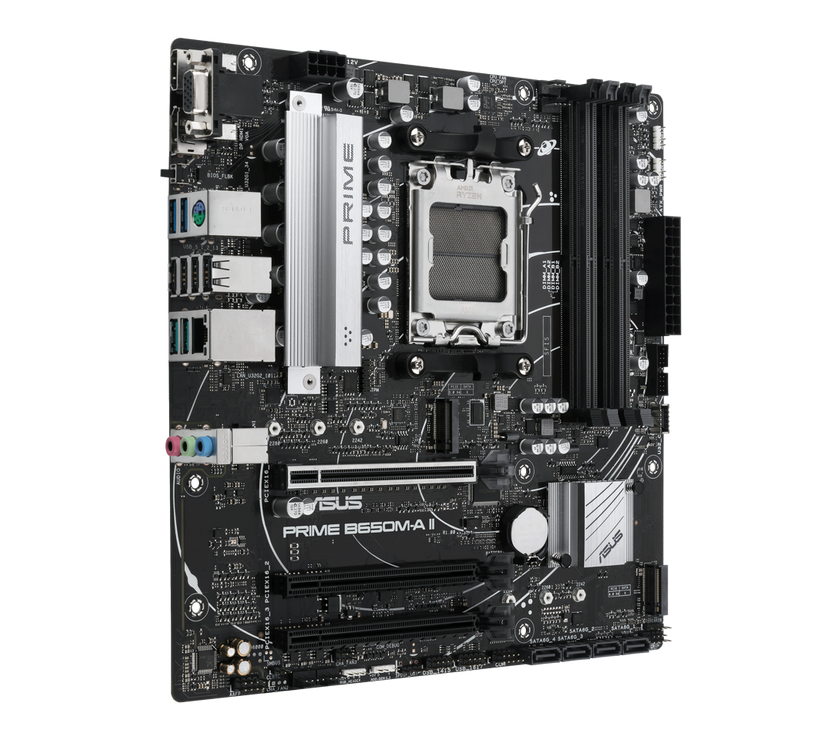 ASUS PRIME B650M-A II-CSM Micro-ATX commercial motherboard, DDR5 6400+(OC), PCIe 5.0 M.2 support, Realtek 2.5Gb Ethernet, DisplayPort, VGA, HDMI, SATA 6 Gbps, USB 3.2 Gen 2 ports, front USB 3.2 Gen 1 Type-C, BIOS FlashBack, Arua Sync