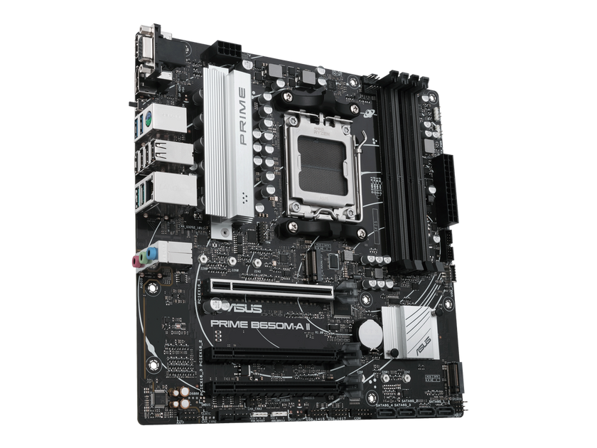 ASUS PRIME B650M-A II-CSM Micro-ATX commercial motherboard, DDR5 6400+(OC), PCIe 5.0 M.2 support, Realtek 2.5Gb Ethernet, DisplayPort, VGA, HDMI, SATA 6 Gbps, USB 3.2 Gen 2 ports, front USB 3.2 Gen 1 Type-C, BIOS FlashBack, Arua Sync