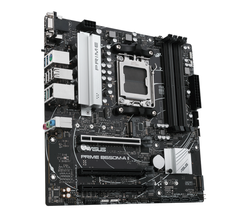 ASUS PRIME B650M-A II-CSM Micro-ATX commercial motherboard, DDR5 6400+(OC), PCIe 5.0 M.2 support, Realtek 2.5Gb Ethernet, DisplayPort, VGA, HDMI, SATA 6 Gbps, USB 3.2 Gen 2 ports, front USB 3.2 Gen 1 Type-C, BIOS FlashBack, Arua Sync