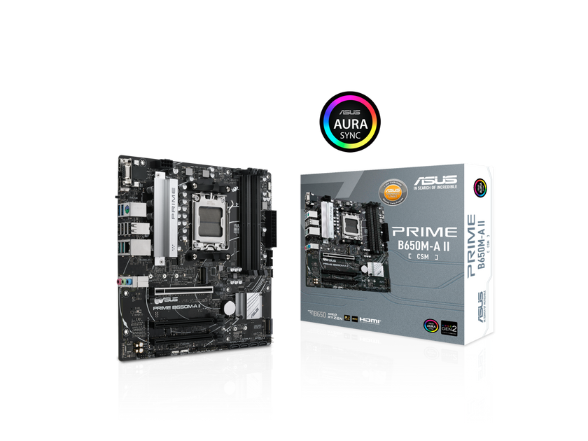 ASUS PRIME B650M-A II-CSM Micro-ATX commercial motherboard, DDR5 6400+(OC), PCIe 5.0 M.2 support, Realtek 2.5Gb Ethernet, DisplayPort, VGA, HDMI, SATA 6 Gbps, USB 3.2 Gen 2 ports, front USB 3.2 Gen 1 Type-C, BIOS FlashBack, Arua Sync