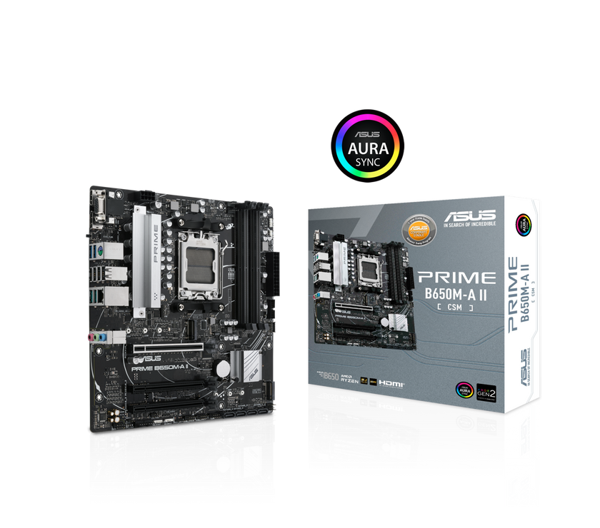 ASUS PRIME B650M-A II-CSM Micro-ATX commercial motherboard, DDR5 6400+(OC), PCIe 5.0 M.2 support, Realtek 2.5Gb Ethernet, DisplayPort, VGA, HDMI, SATA 6 Gbps, USB 3.2 Gen 2 ports, front USB 3.2 Gen 1 Type-C, BIOS FlashBack, Arua Sync