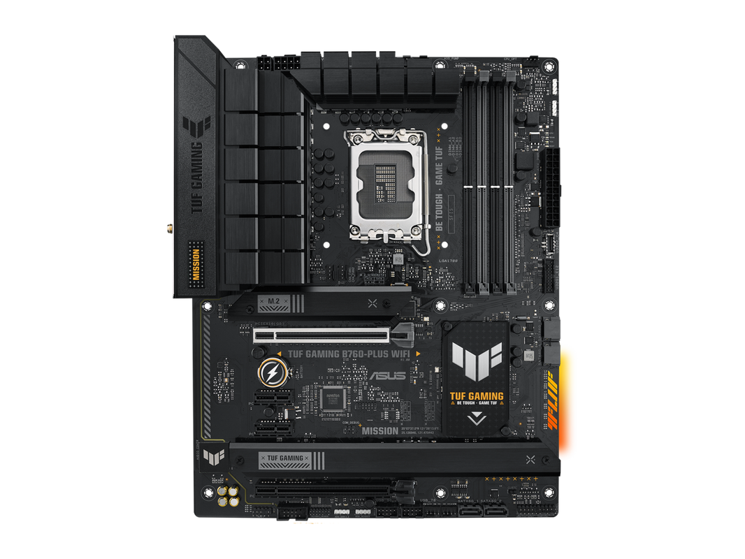 ASUS TUF GAMING B760-PLUS WIFI Intel B760 (13th and 12th Gen) LGA 1700 ATX motherboard with PCIe 5.0, three PCIe 4.0 M.2 slots, DDR5, Realtek 2.5Gb Ethernet, DisplayPort, HDMI, SATA 6 Gbps, USB 3.2 Gen 2x2 Type-C, front USB 3.2 Gen 2 Type C