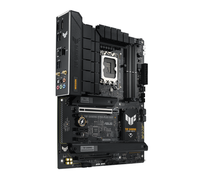 ASUS TUF GAMING B760-PLUS WIFI Intel B760 (13th and 12th Gen) LGA 1700 ATX motherboard with PCIe 5.0, three PCIe 4.0 M.2 slots, DDR5, Realtek 2.5Gb Ethernet, DisplayPort, HDMI, SATA 6 Gbps, USB 3.2 Gen 2x2 Type-C, front USB 3.2 Gen 2 Type C