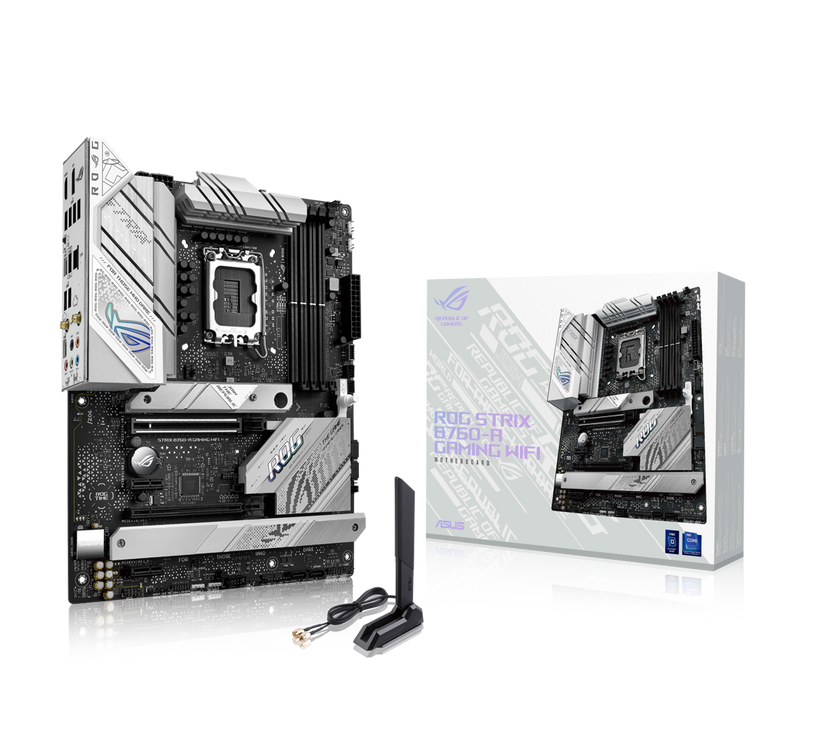 ASUS ROG Strix B760-A Gaming WiFi Intel B760 (13th and 12th Gen) LGA 1700 white ATX motherboard, 12 + 1 power stages, DDR5, PCIe 5.0,three M.2 slots, WiFi 6E, USB 3.2 Gen 2x2 Type-C, and Aura Sync RGB