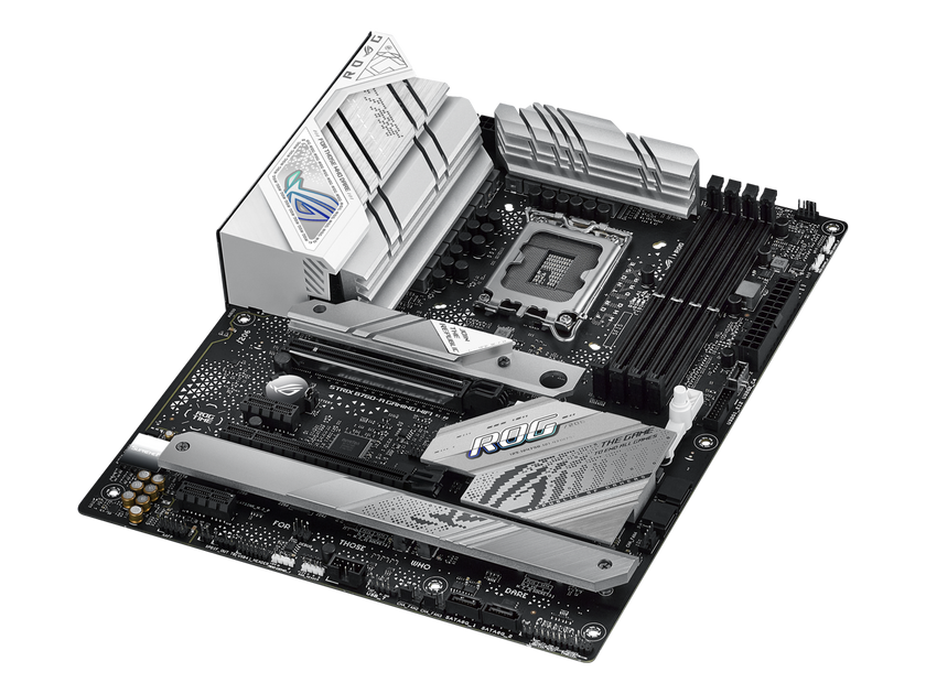 ASUS ROG Strix B760-A Gaming WiFi Intel B760 (13th and 12th Gen) LGA 1700 white ATX motherboard, 12 + 1 power stages, DDR5, PCIe 5.0,three M.2 slots, WiFi 6E, USB 3.2 Gen 2x2 Type-C, and Aura Sync RGB