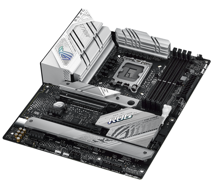 ASUS ROG Strix B760-A Gaming WiFi Intel B760 (13th and 12th Gen) LGA 1700 white ATX motherboard, 12 + 1 power stages, DDR5, PCIe 5.0,three M.2 slots, WiFi 6E, USB 3.2 Gen 2x2 Type-C, and Aura Sync RGB