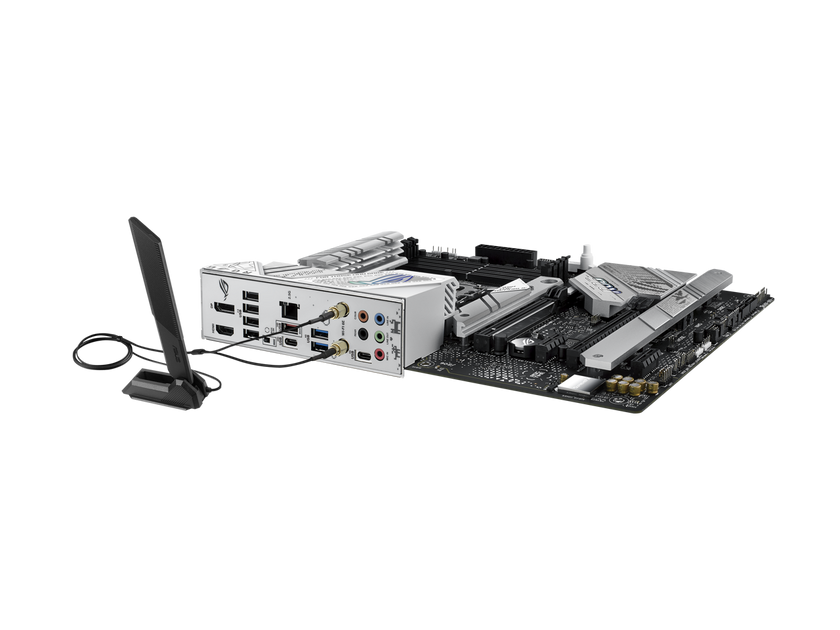 ASUS ROG Strix B760-A Gaming WiFi Intel B760 (13th and 12th Gen) LGA 1700 white ATX motherboard, 12 + 1 power stages, DDR5, PCIe 5.0,three M.2 slots, WiFi 6E, USB 3.2 Gen 2x2 Type-C, and Aura Sync RGB