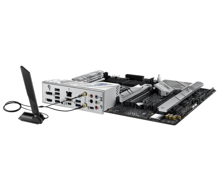 ASUS ROG Strix B760-A Gaming WiFi Intel B760 (13th and 12th Gen) LGA 1700 white ATX motherboard, 12 + 1 power stages, DDR5, PCIe 5.0,three M.2 slots, WiFi 6E, USB 3.2 Gen 2x2 Type-C, and Aura Sync RGB