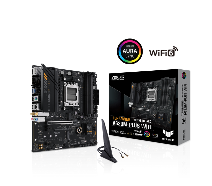 ASUS TUF GAMING A620M-PLUS WiFi AMD AM5 Ryzen7000 microATX gaming motherboard DDR5, PCIe 4.0, 2xM.2 slots,2.5Gb Ethernet,Wi-Fi 6, 2 x DisplayPort, HDMI, USB 3.2 Gen 1 ports, front USB 3.2 Gen 1 Type C