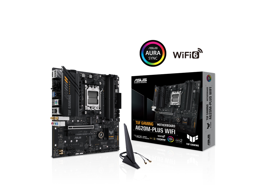 ASUS TUF GAMING A620M-PLUS WiFi AMD AM5 Ryzen7000 microATX gaming motherboard DDR5, PCIe 4.0, 2xM.2 slots,2.5Gb Ethernet,Wi-Fi 6, 2 x DisplayPort, HDMI, USB 3.2 Gen 1 ports, front USB 3.2 Gen 1 Type C