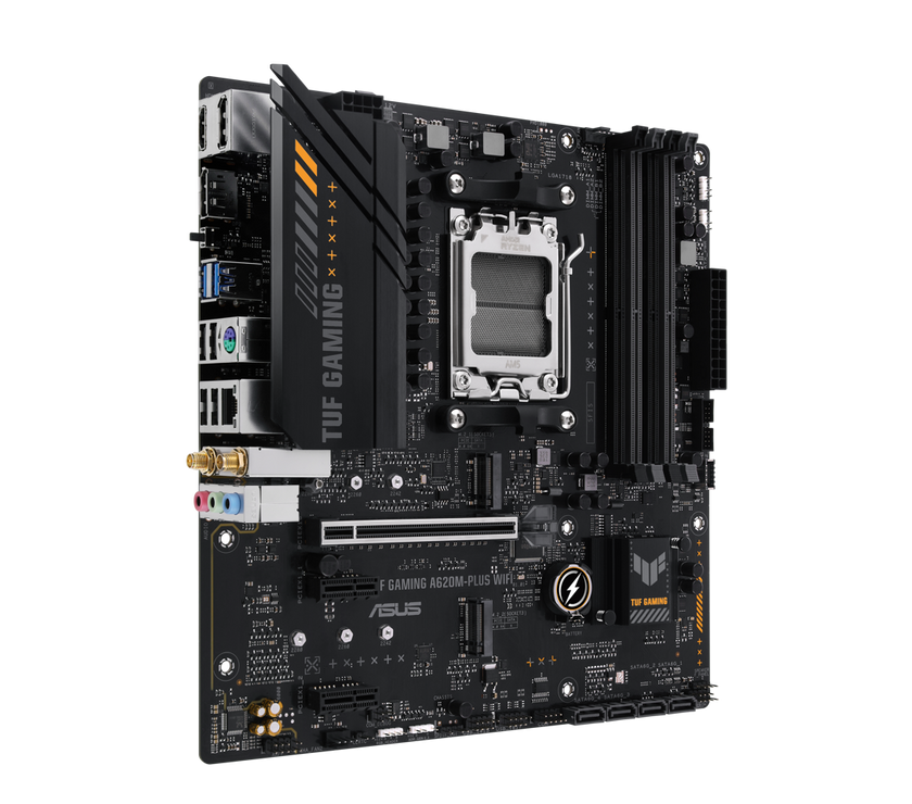 ASUS TUF GAMING A620M-PLUS WiFi AMD AM5 Ryzen7000 microATX gaming motherboard DDR5, PCIe 4.0, 2xM.2 slots,2.5Gb Ethernet,Wi-Fi 6, 2 x DisplayPort, HDMI, USB 3.2 Gen 1 ports, front USB 3.2 Gen 1 Type C