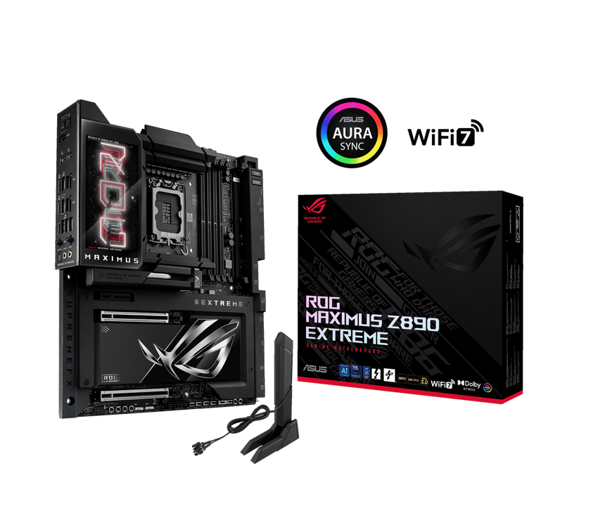 ASUS ROG MAXIMUS Z890 EXTREME Intel® Z890 LGA 1851 E-ATX motherboard, Advanced AI PC-ready, 24+2+1+2 stages, DDR5, WiFi7, 2.5G/10G LAN, PCIe® 5.0 M.2, Thunderbolt™ 5, USB Type-C®, AI OC, 5” LCD Screen