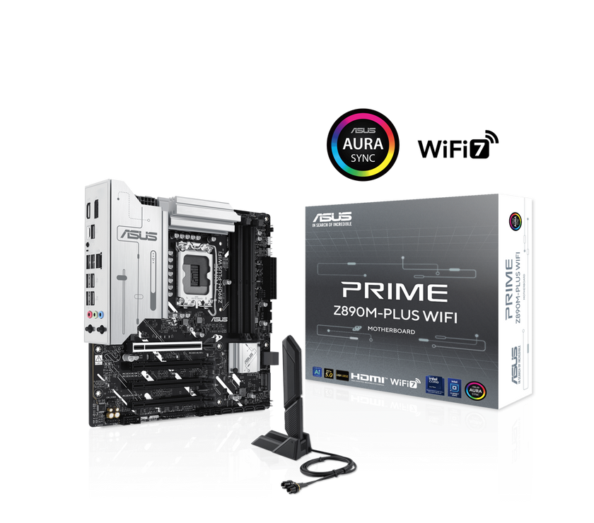 ASUS PRIME Z890M-PLUS WIFI Z890 LGA 1851 mATX motherboard, Intel® Core™ Ultra Series 2 Ready, Advanced AI PC-ready, 10+1+2+1 80A power stages, DDR5, PCIe® 5.0, USB Type-C®, 3x M.2, Wi-Fi 7, 2.5Gb LAN