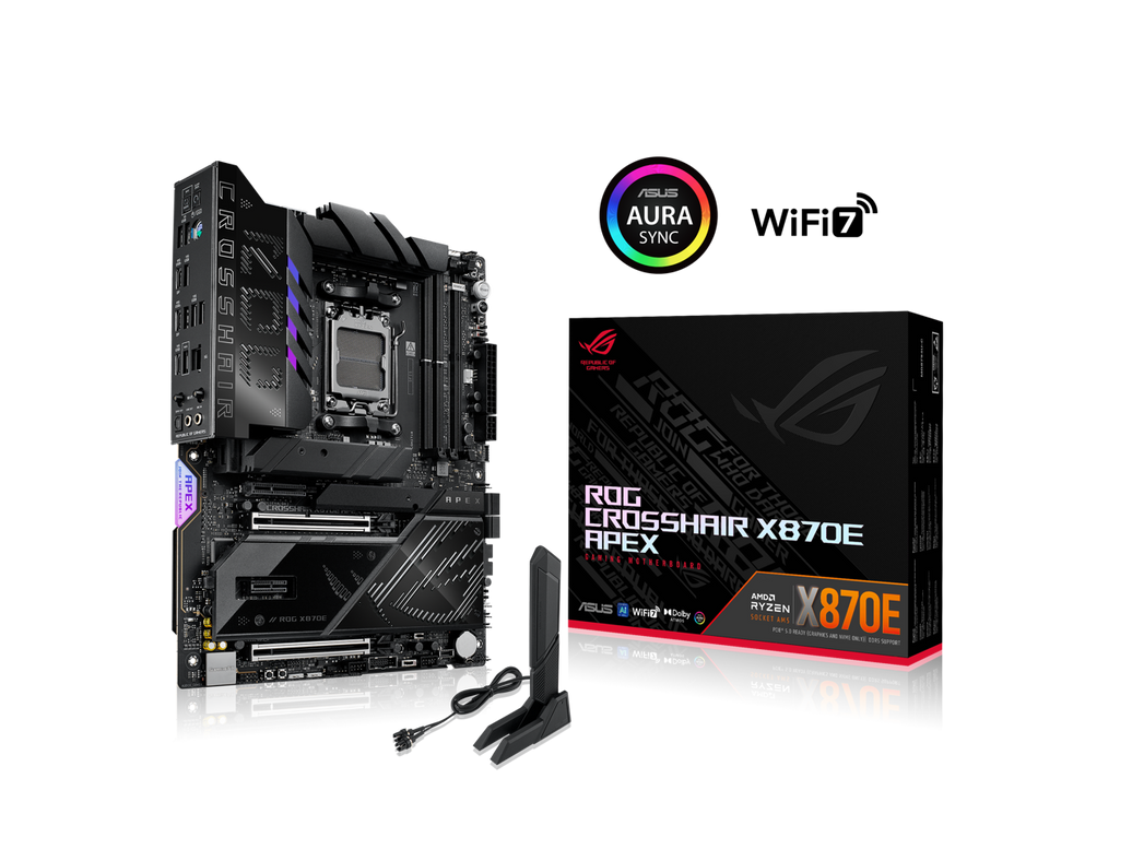 ASUS ROG CROSSHAIR X870E APEX AMD X870E AM5 ATX motherboard, Advanced AI PC-ready, 18+2+2 stages, DDR5, ROG Memory Fan, ROG DIMM.2 Card, Wi-Fi 7, 5G LAN, 3x M.2, PCIe® 5.0, USB4® , USB Type-C®, AI OC