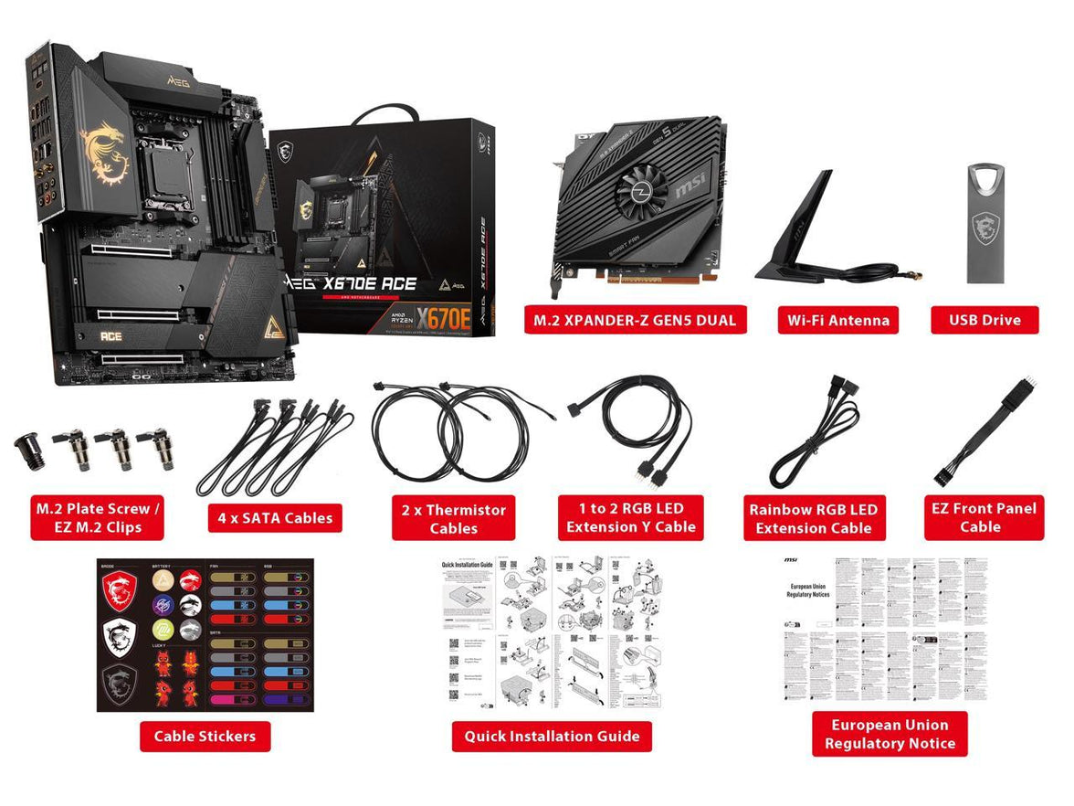 MSI MEG X670E ACE AM5 AMD X670 SATA 6Gb/s E-ATX AMD Ryzen™ 7000 Series Motherboards, DDR5, Wi-Fi 6E, 10G Super LAN + 2.5G LAN, PCIe 5.0 M.2 slots,  HD Audio with Audio Boost.