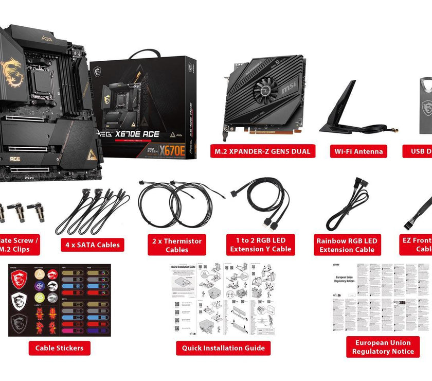 MSI MEG X670E ACE AM5 AMD X670 SATA 6Gb/s E-ATX AMD Ryzen™ 7000 Series Motherboards, DDR5, Wi-Fi 6E, 10G Super LAN + 2.5G LAN, PCIe 5.0 M.2 slots,  HD Audio with Audio Boost.