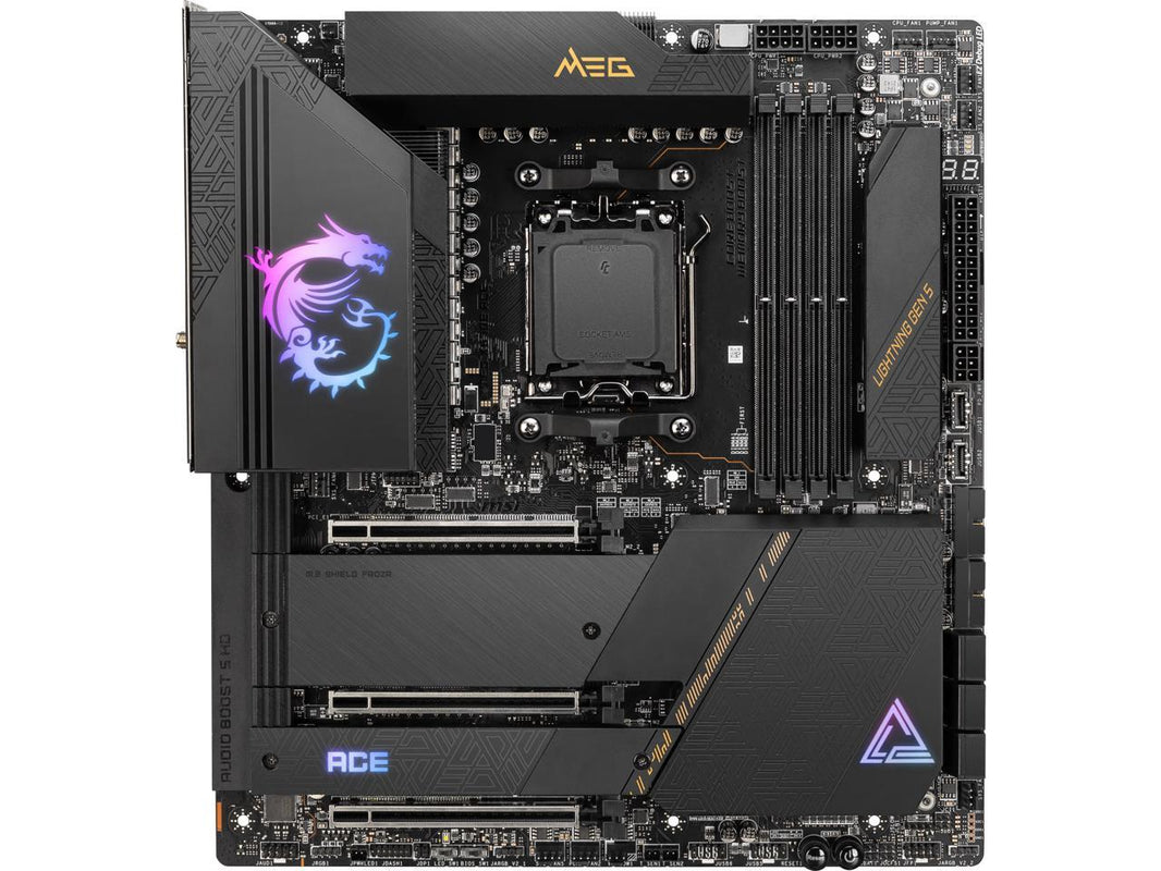 MSI MEG X670E ACE AM5 AMD X670 SATA 6Gb/s E-ATX AMD Ryzen™ 7000 Series Motherboards, DDR5, Wi-Fi 6E, 10G Super LAN + 2.5G LAN, PCIe 5.0 M.2 slots,  HD Audio with Audio Boost.