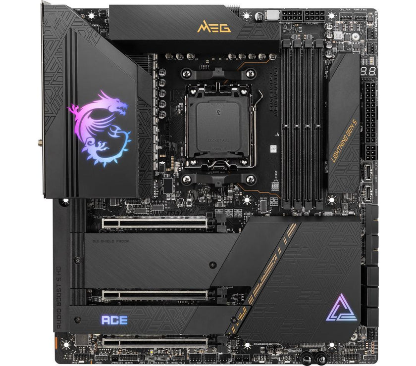 MSI MEG X670E ACE AM5 AMD X670 SATA 6Gb/s E-ATX AMD Ryzen™ 7000 Series Motherboards, DDR5, Wi-Fi 6E, 10G Super LAN + 2.5G LAN, PCIe 5.0 M.2 slots,  HD Audio with Audio Boost.