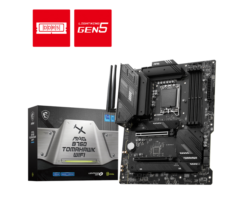 MSI MAG B760 TOMAHAWK WIFI LGA 1700 (Intel12th&13th Gen) SATA 6Gb/s ATX Motherboard (PCIe 5.0, DDR5,3xM.2 Slots,,WiFi 6,Intel 2.5Gb LAN)